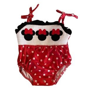 Red Polka Dot Baby Swimsuit Size 0-3mos Minnie Mouse Bubble Romper Appliqué